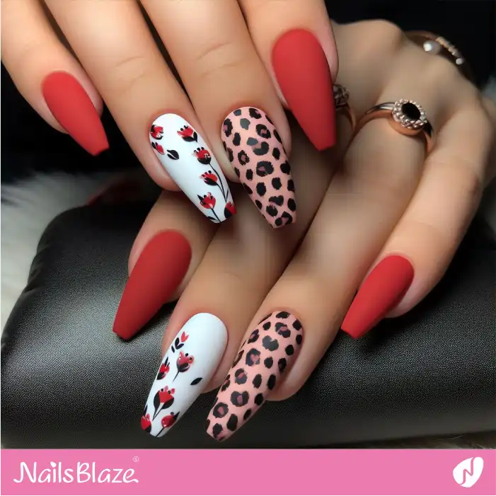 Red and White Matte Nails with Leopard Print Accent | Animal Print Nails - NB2573
